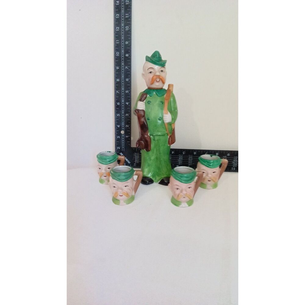 Vintage Hunter Figural Decanter Set with 4 Shot Glasses Made in Japan